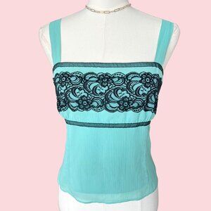 Vintage Blue Sheer Lace Trim Tank Top